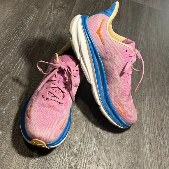 Hoka Clifton 9 Pink and Blue Athletic Shoes with Breathable Mesh