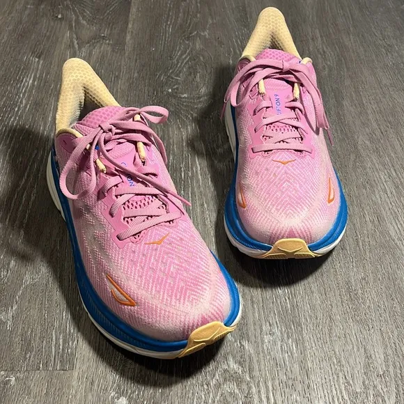 Hoka Clifton 9 Pink and Blue Athletic Shoes with Breathable Mesh