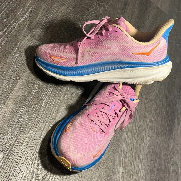 Hoka Clifton 9 Pink and Blue Athletic Shoes with Breathable Mesh