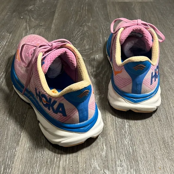 Hoka Clifton 9 Pink and Blue Athletic Shoes with Breathable Mesh