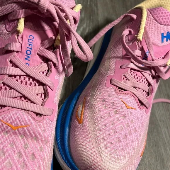 Hoka Clifton 9 Pink and Blue Athletic Shoes with Breathable Mesh