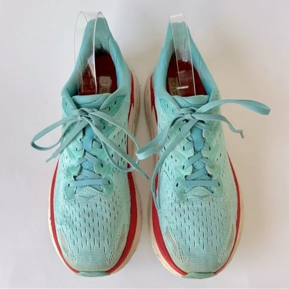 Hoka One One Clifton 8 Aquarelle / Eggshell Blue Red Women's Size 9.5