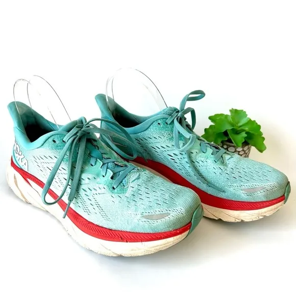 Hoka One One Clifton 8 Aquarelle / Eggshell Blue Red Women's Size 9.5