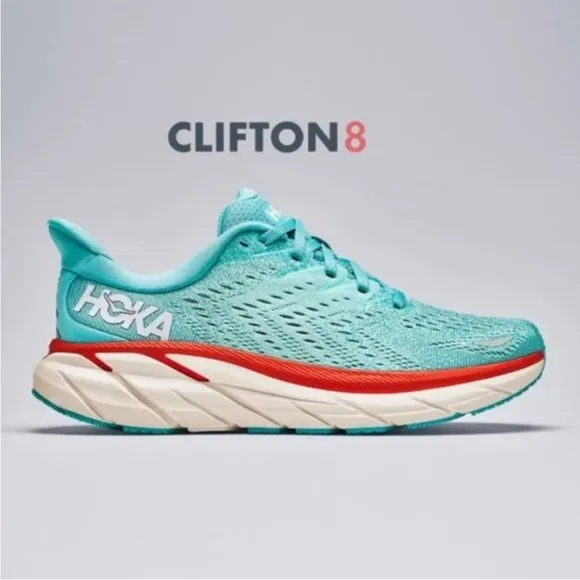 Hoka One One Clifton 8 Aquarelle / Eggshell Blue Red Women's Size 9.5