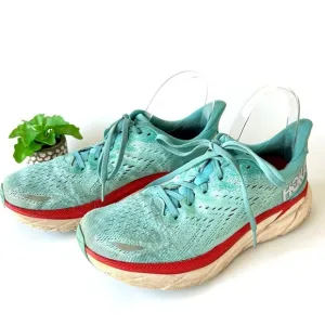 Hoka One One Clifton 8 Aquarelle / Eggshell Blue Red Women's Size 9.5
