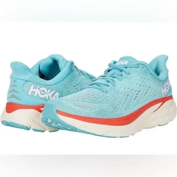 Hoka One One Clifton 8 Aquarelle / Eggshell Blue Red Women's Size 9.5