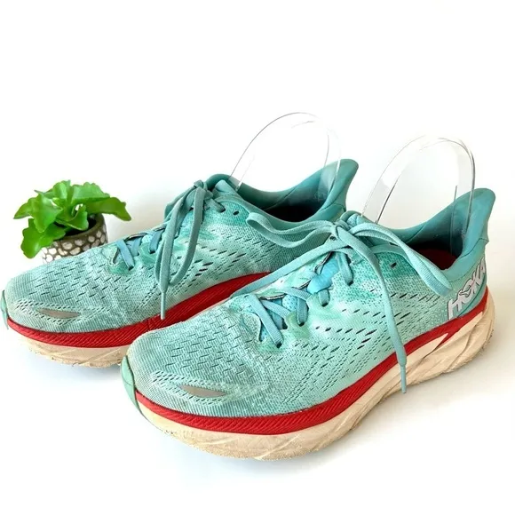 Hoka One One Clifton 8 Aquarelle / Eggshell Blue Red Women's Size 9.5