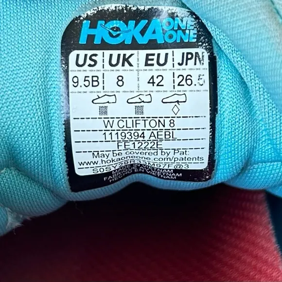 Hoka One One Clifton 8 Aquarelle / Eggshell Blue Red Women's Size 9.5