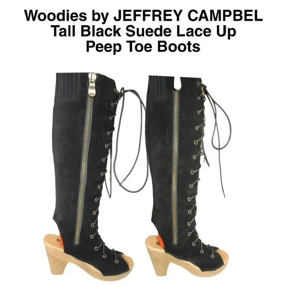 HP🥳 Vintage Jeffrey Campbell Tall Lace Up Peep Toe Boots &quot;woodies&quot;