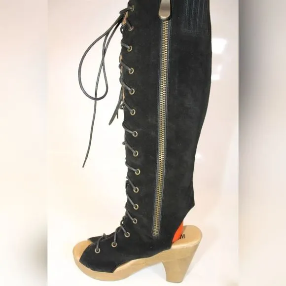 HP🥳 Vintage Jeffrey Campbell Tall Lace Up Peep Toe Boots &quot;woodies&quot;