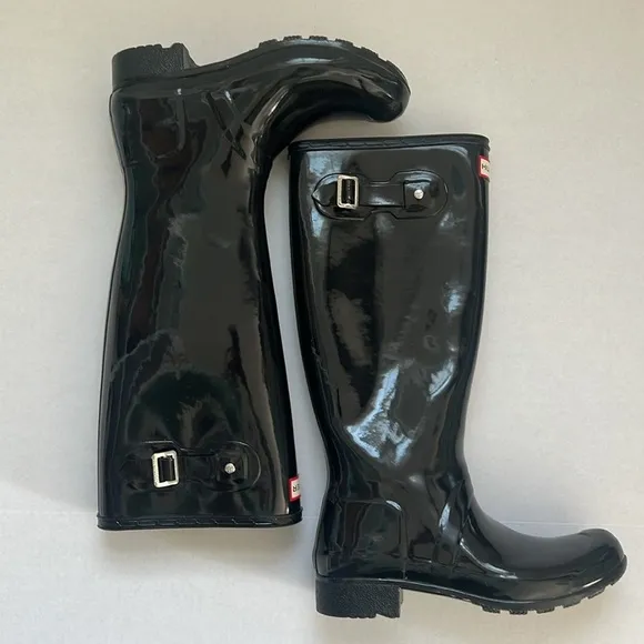 Hunter Black Glossy Tall Women Rain Boots Size 7 EUC