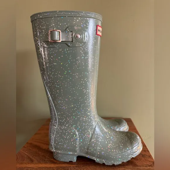 HUNTER Kids Original Giant Green Glitter Rain Boots Sz 1B / 2G