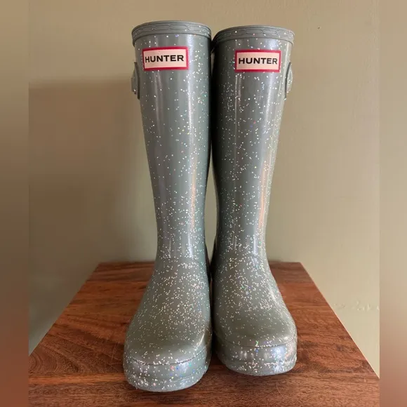HUNTER Kids Original Giant Green Glitter Rain Boots Sz 1B / 2G