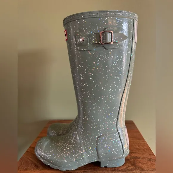 HUNTER Kids Original Giant Green Glitter Rain Boots Sz 1B / 2G
