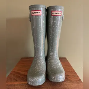 HUNTER Kids Original Giant Green Glitter Rain Boots Sz 1B / 2G