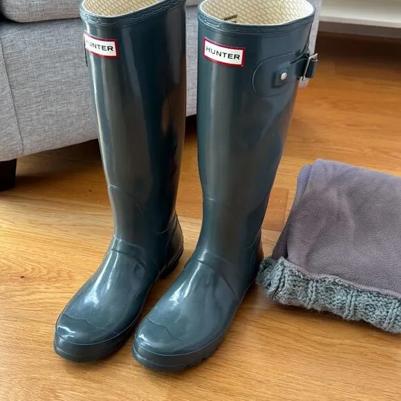 Hunter Original Gloss Tall Rain Boots Luna Gray with liners size 7