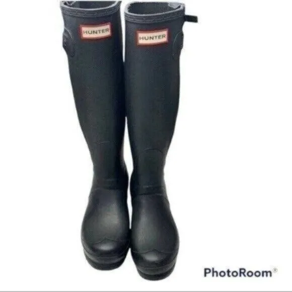 Hunter Original Slim Textured Black Tall Rain Boots w/ Side Zipper Sz 7