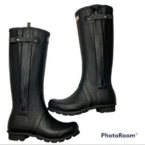 Hunter Original Slim Textured Black Tall Rain Boots w/ Side Zipper Sz 7