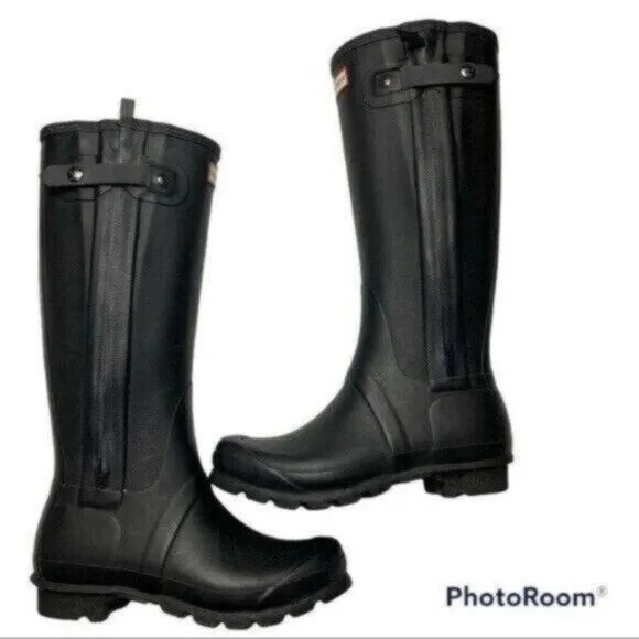Hunter Original Slim Textured Black Tall Rain Boots w/ Side Zipper Sz 7
