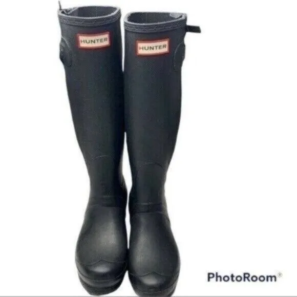 Hunter Original Slim Textured Black Tall Rain Boots w/ Side Zipper Sz 7