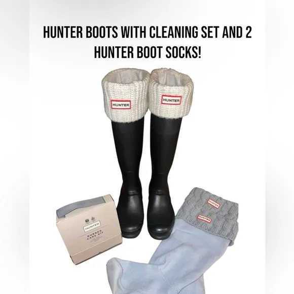 Hunter original tall black rain boots   cleaning set   2 Hunter Boot Socks! SZ 9