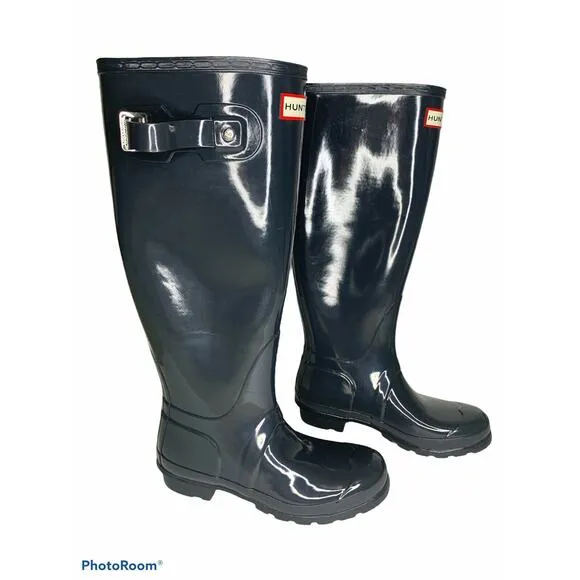 Hunter Original Tall Gloss Rain Boots Navy 5 NEW
