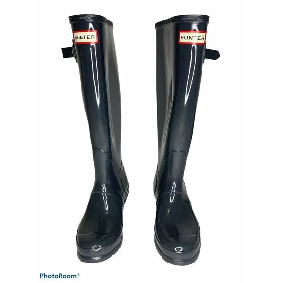 Hunter Original Tall Gloss Rain Boots Navy 5 NEW