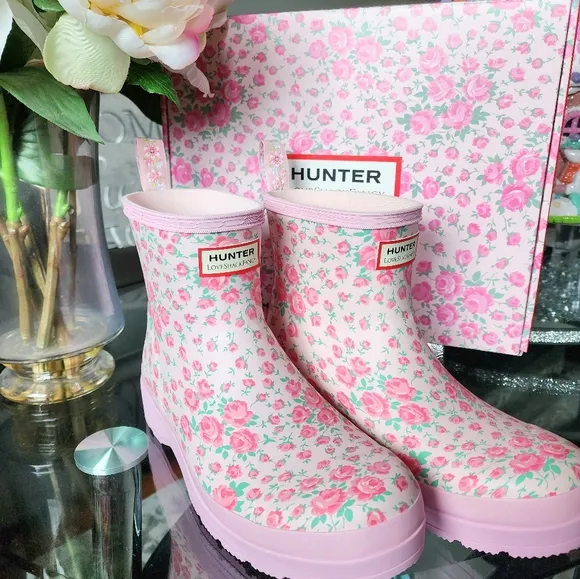 Hunter X Loveshackfancy Boot Pink Rain Boots Rose Heart Floral Short Original 7