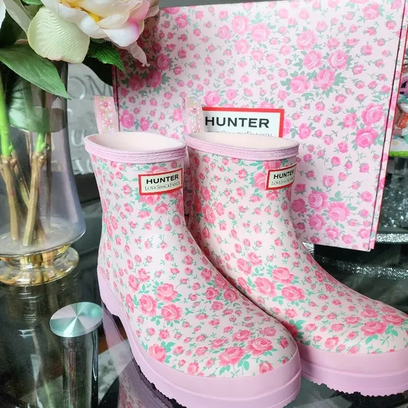 Hunter X Loveshackfancy Boot Pink Rain Boots Rose Heart Floral Short Original 7