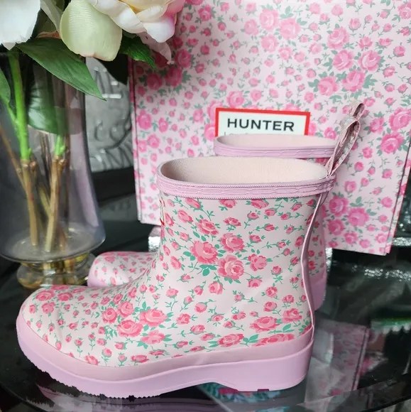 Hunter X Loveshackfancy Boot Pink Rain Boots Rose Heart Floral Short Original 7
