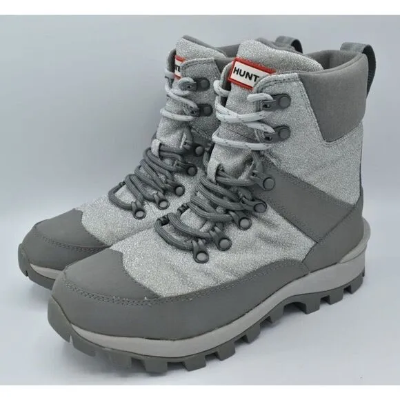 Hunter Womens Size 10 Glitter Silver Grey Insulated Winter Commando Boots Shoes