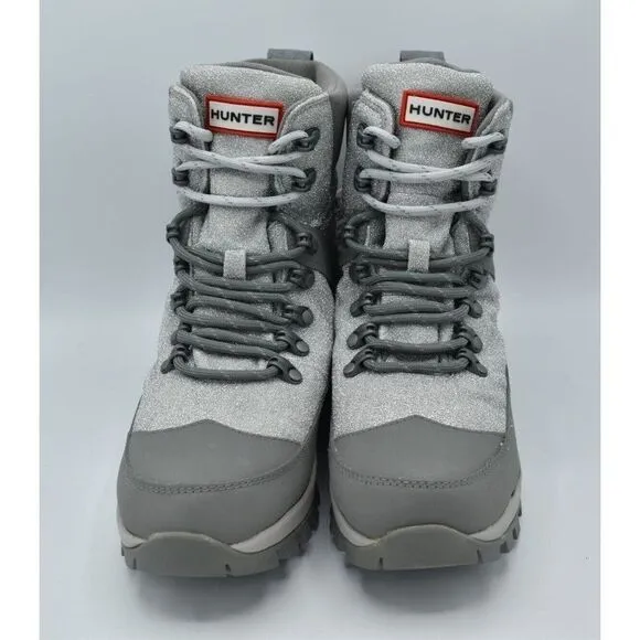 Hunter Womens Size 10 Glitter Silver Grey Insulated Winter Commando Boots Shoes