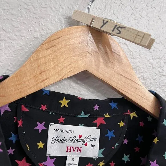 HVN 100% SILK BLACK STAR PRINT SHORT PUFF SLEEVE V-NECK MINI DRESS SIZE 8