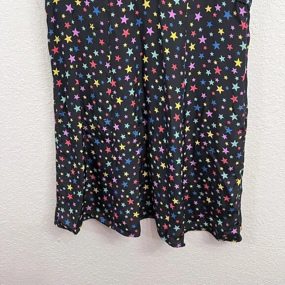 HVN 100% SILK BLACK STAR PRINT SHORT PUFF SLEEVE V-NECK MINI DRESS SIZE 8
