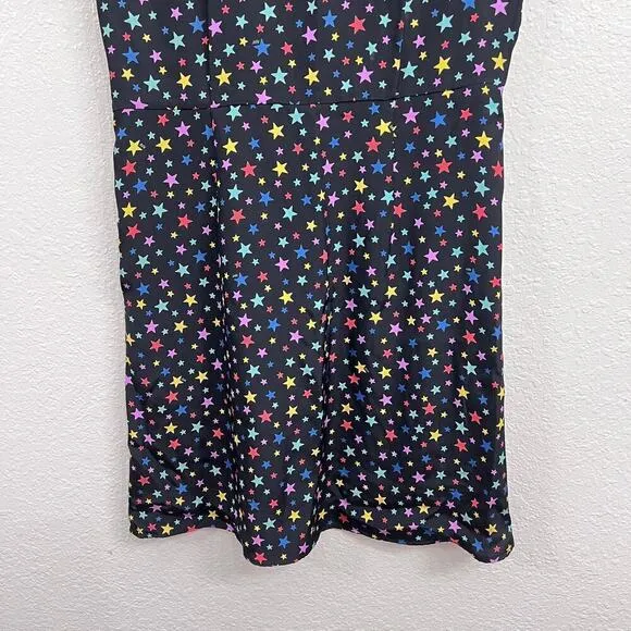 HVN 100% SILK BLACK STAR PRINT SHORT PUFF SLEEVE V-NECK MINI DRESS SIZE 8