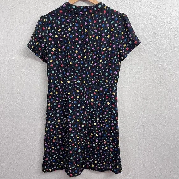 HVN 100% SILK BLACK STAR PRINT SHORT PUFF SLEEVE V-NECK MINI DRESS SIZE 8