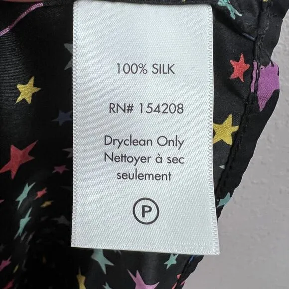 HVN 100% SILK BLACK STAR PRINT SHORT PUFF SLEEVE V-NECK MINI DRESS SIZE 8