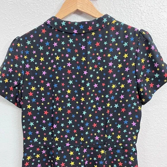 HVN 100% SILK BLACK STAR PRINT SHORT PUFF SLEEVE V-NECK MINI DRESS SIZE 8