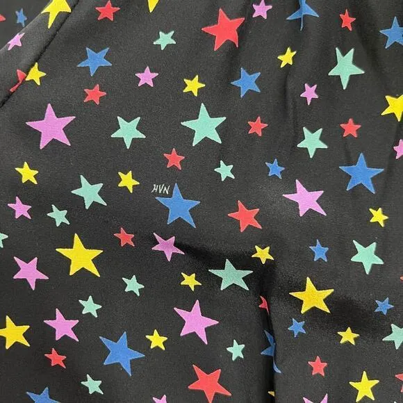 HVN 100% SILK BLACK STAR PRINT SHORT PUFF SLEEVE V-NECK MINI DRESS SIZE 8