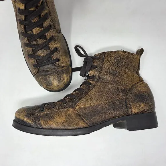 J75 JUMP 1975 DISTRESSED TAN BLACK LEATHER BOOTS 6&quot; TALL MENS SIZE 10.5