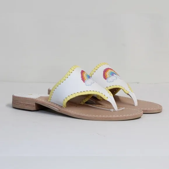 Jack Rogers Embroidered White Rainbow &amp; Clouds White Thong Sandals NWT