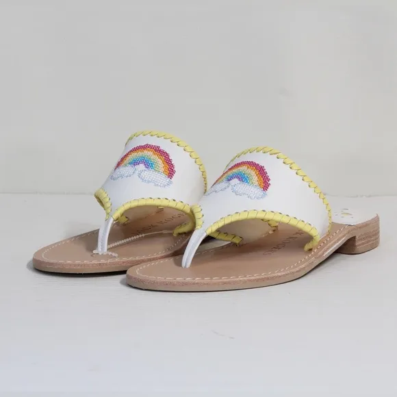 Jack Rogers Embroidered White Rainbow &amp; Clouds White Thong Sandals NWT