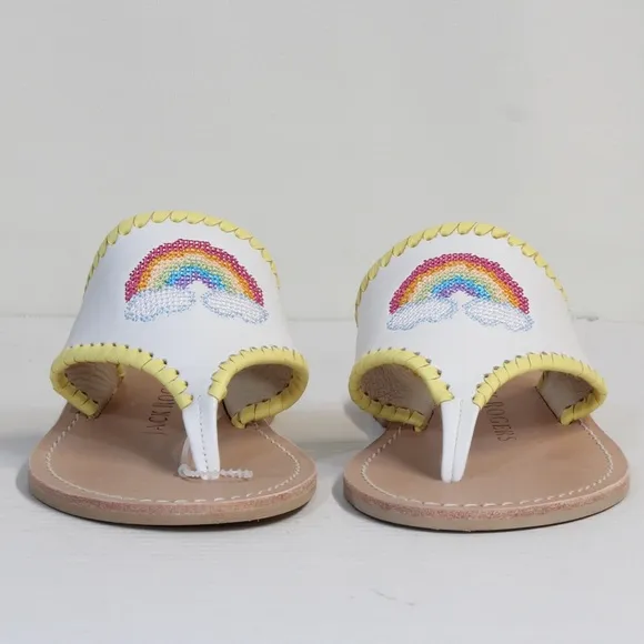 Jack Rogers Embroidered White Rainbow &amp; Clouds White Thong Sandals NWT