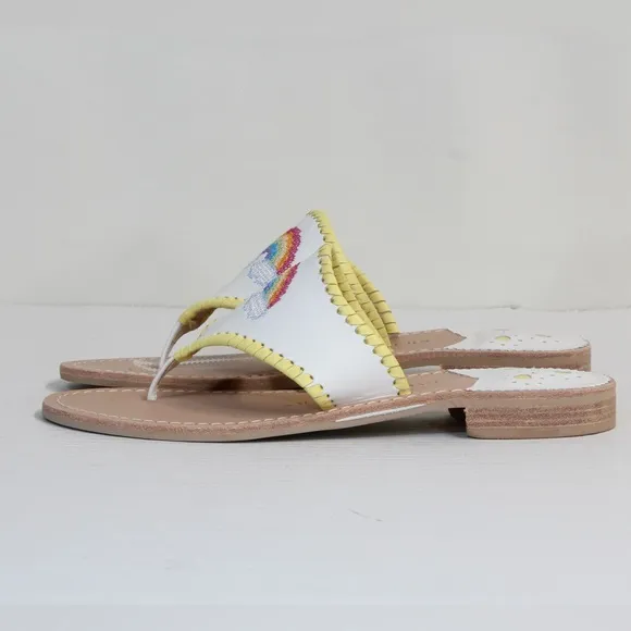 Jack Rogers Embroidered White Rainbow &amp; Clouds White Thong Sandals NWT
