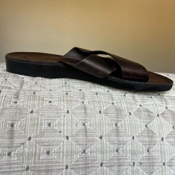 Jerusalem Elan Dark Brown Stiff Leather Slide Sandal Men EU 47 US 13.5-14