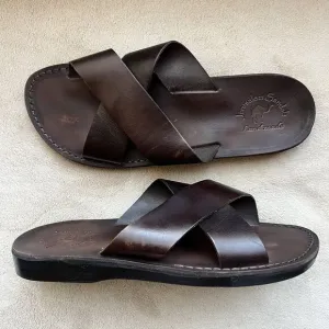 Jerusalem Elan Dark Brown Stiff Leather Slide Sandal Men EU 47 US 13.5-14