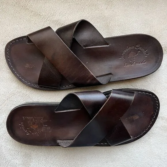 Jerusalem Elan Dark Brown Stiff Leather Slide Sandal Men EU 47 US 13.5-14