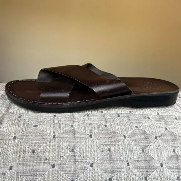 Jerusalem Elan Dark Brown Stiff Leather Slide Sandal Men EU 47 US 13.5-14