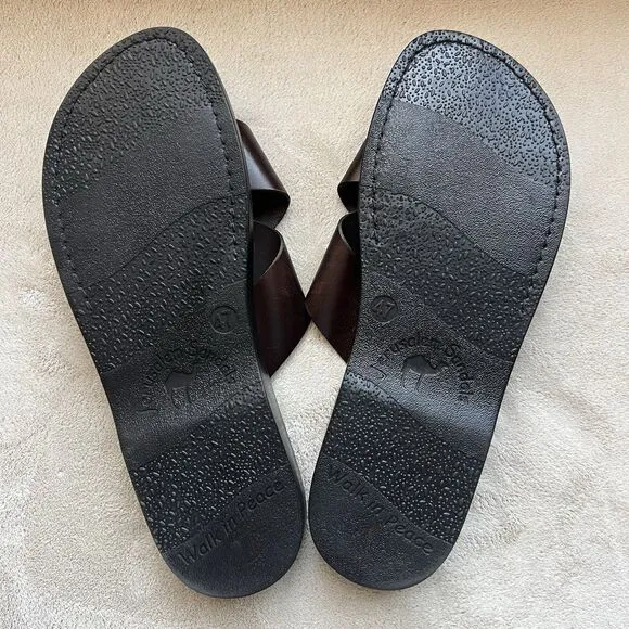 Jerusalem Elan Dark Brown Stiff Leather Slide Sandal Men EU 47 US 13.5-14