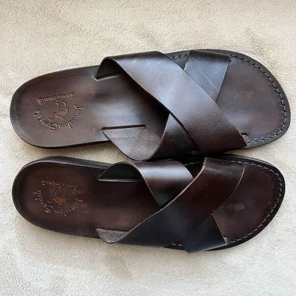 Jerusalem Elan Dark Brown Stiff Leather Slide Sandal Men EU 47 US 13.5-14